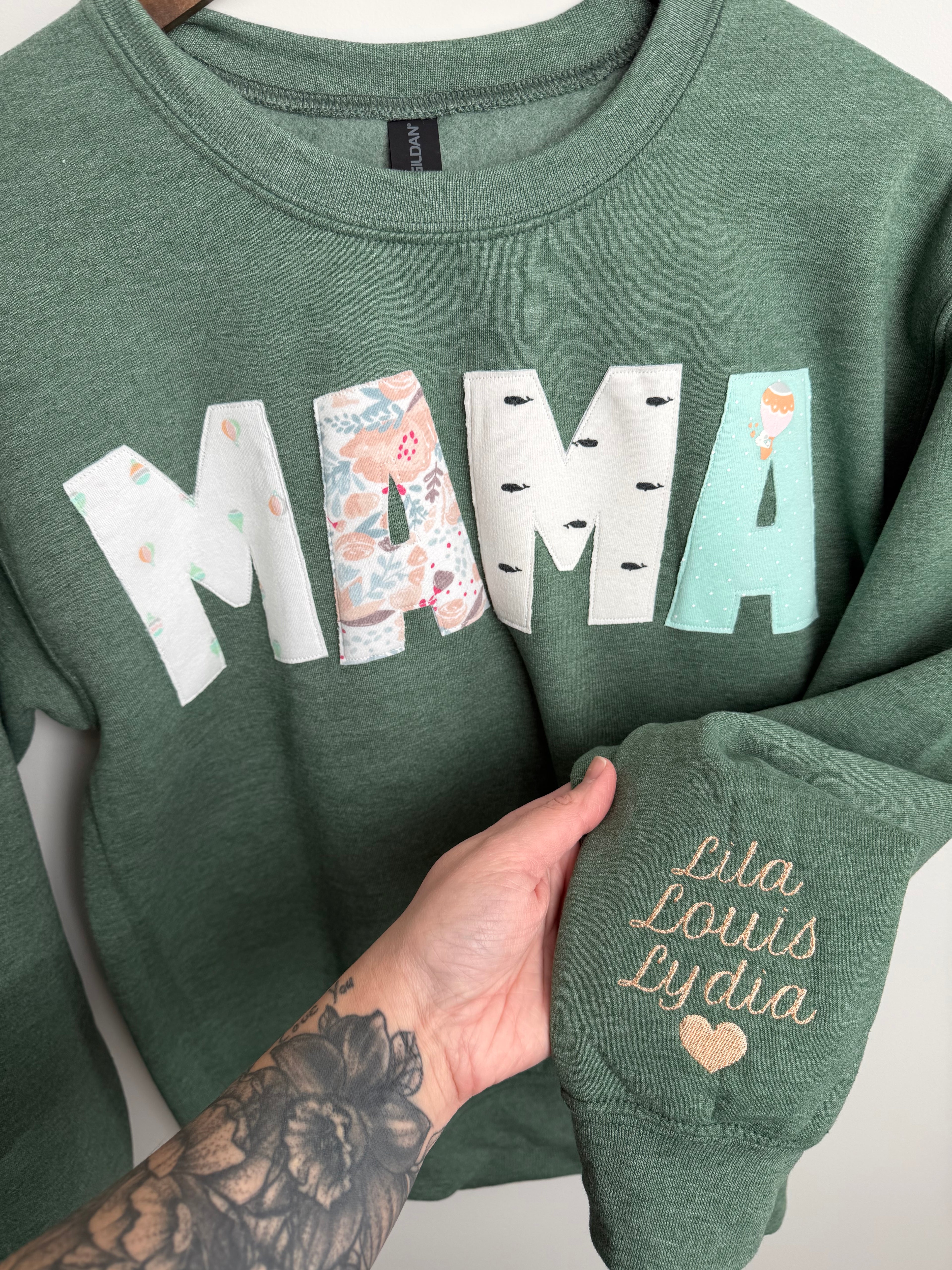 Quilted Mama Crew w/ embroidered names sleeve