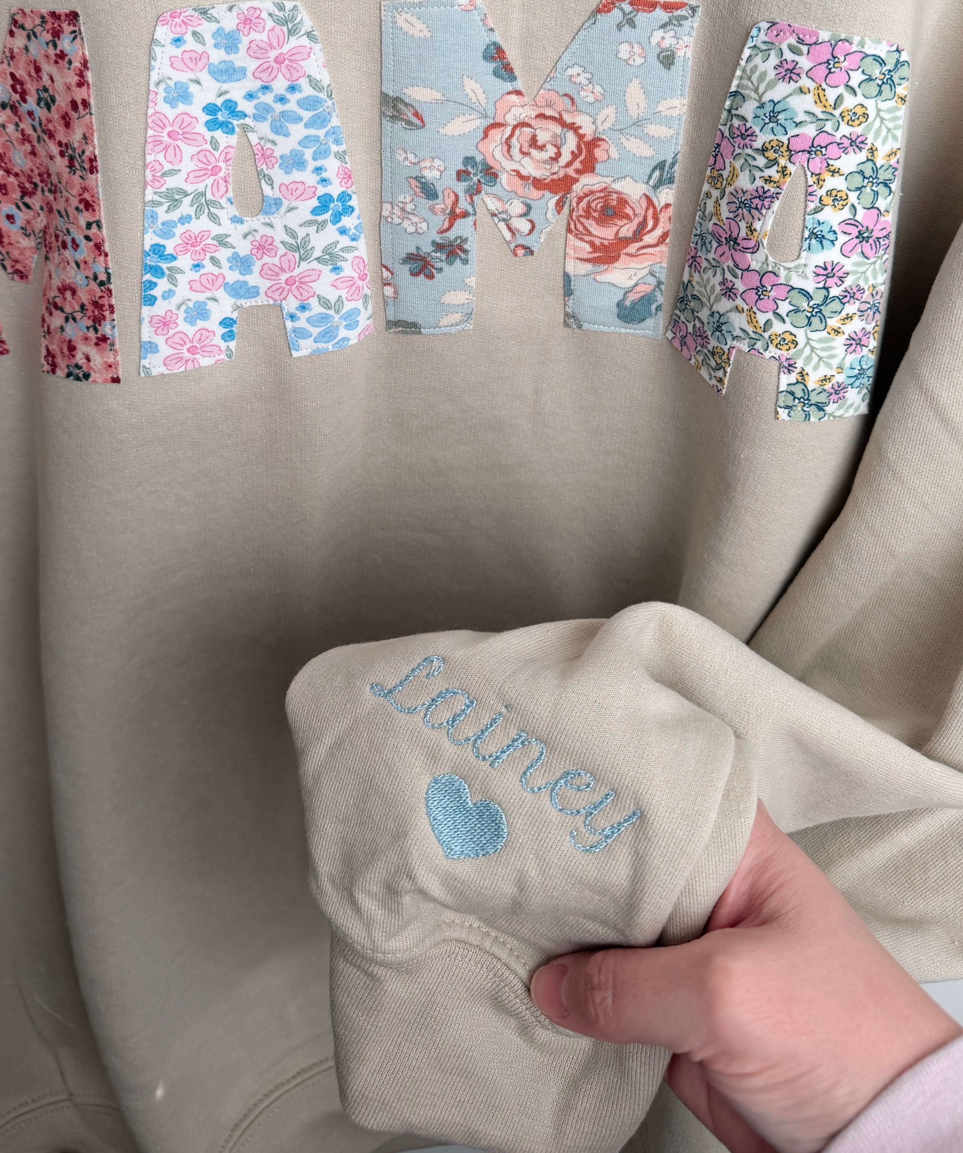 Quilted Mama Crew w/ embroidered names sleeve