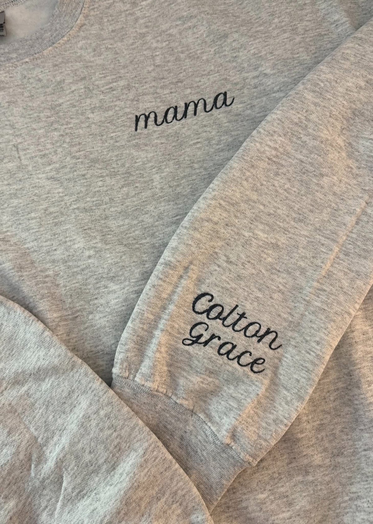 Mama Embroidered Crewneck w name(s) on sleeve