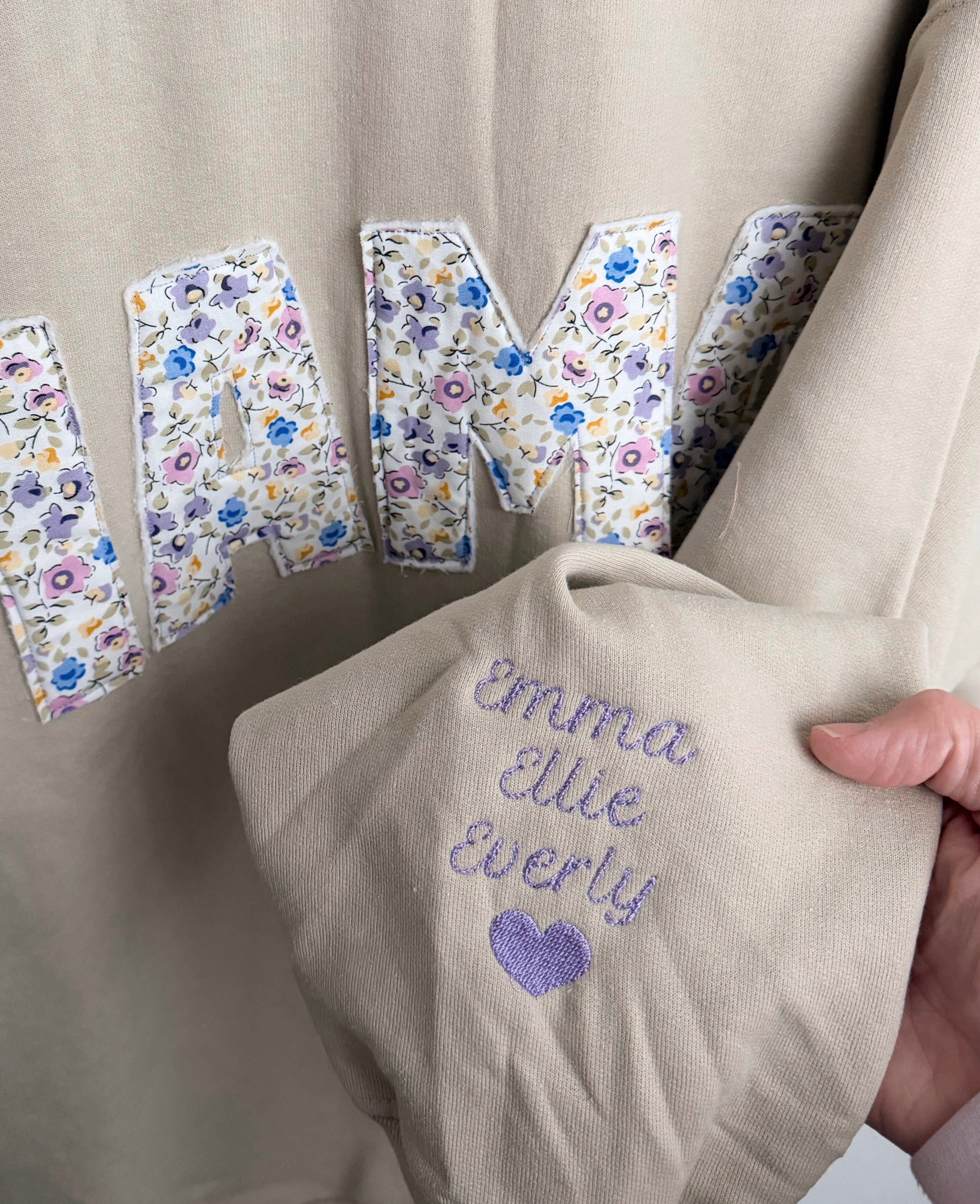 Quilted Mama Crew w/ embroidered names sleeve