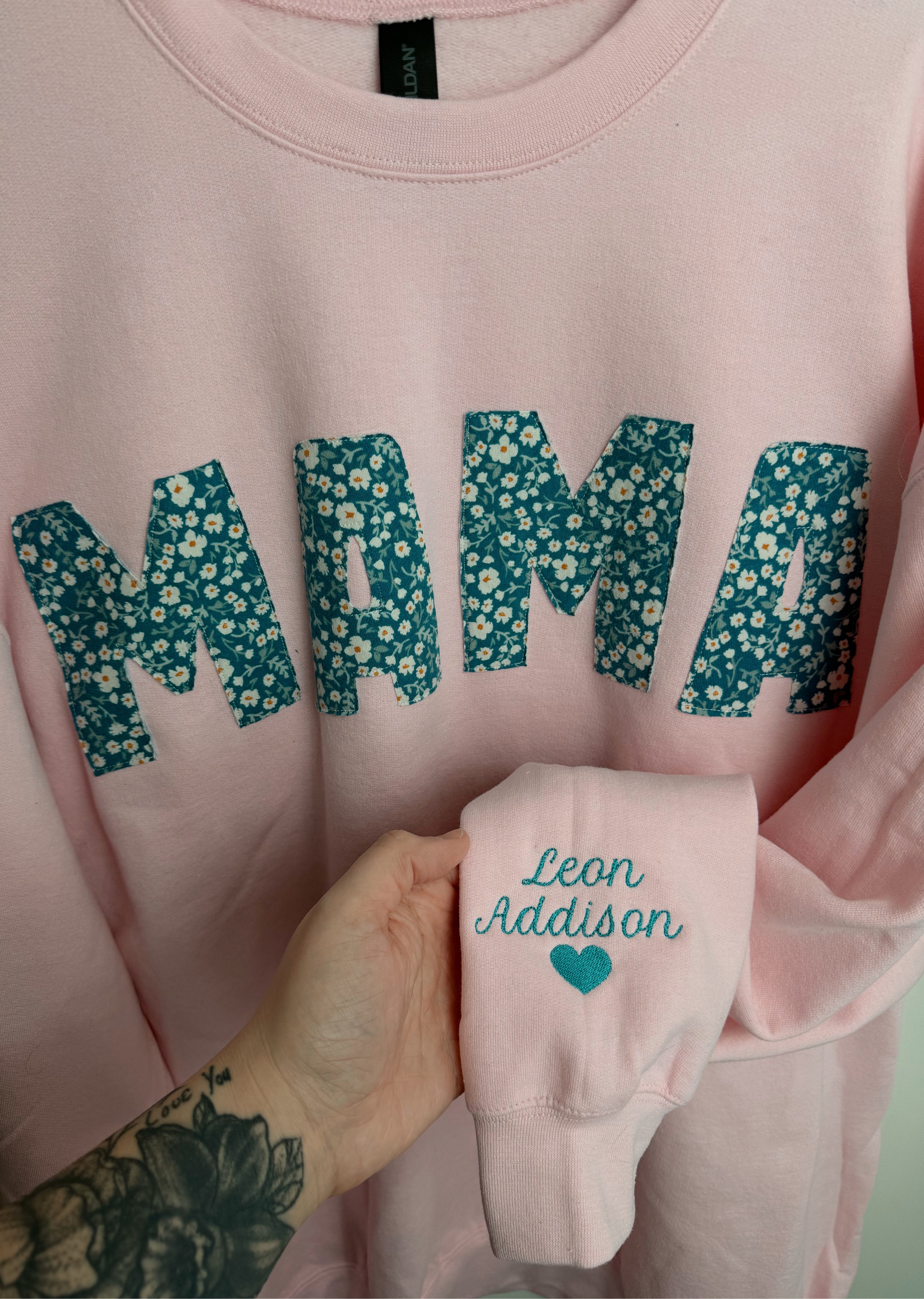 Quilted Mama Crew w/ embroidered names sleeve